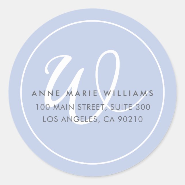 Sticker Rond Monogramme de bordure de script blanc bleu minimal (Devant)