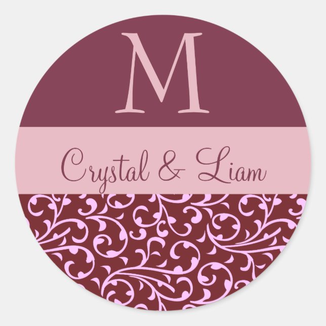Sticker Rond MONogramme de BURGUNDY et PINK Mariage damassé (Devant)