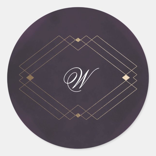 Sticker Rond Monogramme de calligraphie violette classique Gold (Devant)