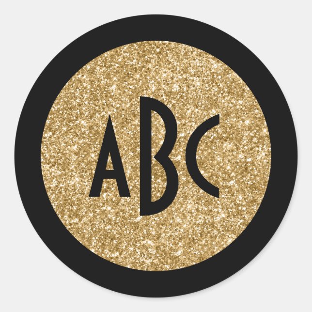 Sticker Rond Monogramme de cercle pailleté noir et or (Devant)