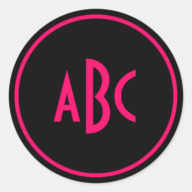 Sticker Rond Monogramme de cercle rose vif et noir (Devant)