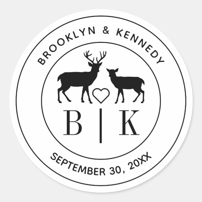 Sticker Rond Monogramme de cerf rustique mariage couple nom (Devant)