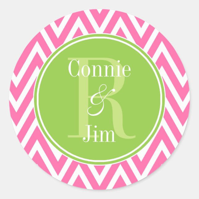 Sticker Rond Monogramme de Chevrons rose et vert (Devant)