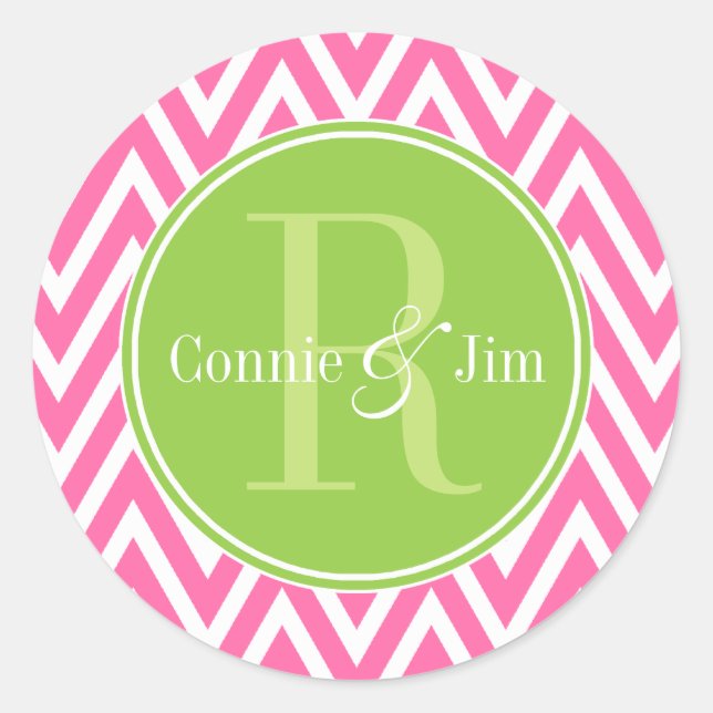 Sticker Rond Monogramme de Chevrons rose et vert (Devant)