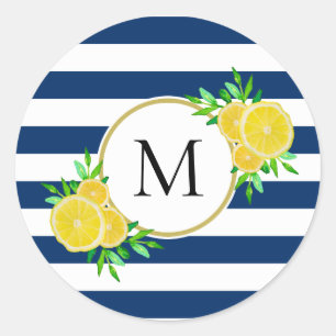 Sticker Rond Monogramme de citrons jaune d'aquarelle de la mari