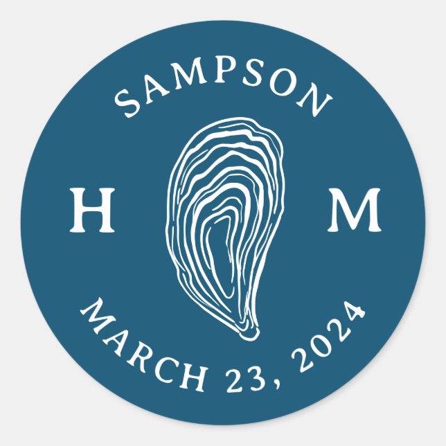 Sticker Rond Monogramme de coquille d'huître nautique avec date (Devant)