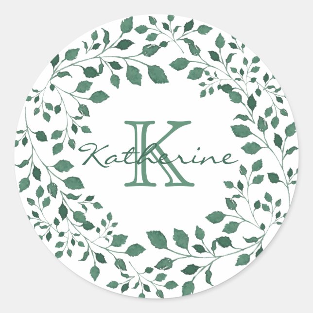 Sticker Rond Monogramme de couronne d'aquarelle Feuille verte (Devant)