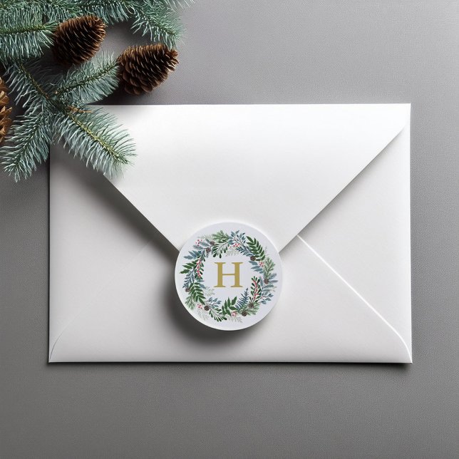 Sticker Rond Monogramme de couronne de Noël (Créateur téléchargé)