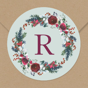 Sticker Rond Monogramme de couronne de Noël Floral