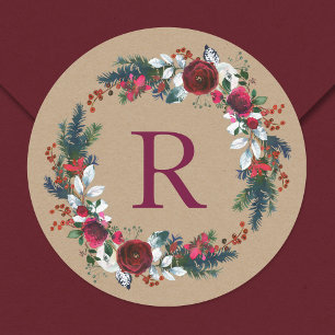 Sticker Rond Monogramme de couronne de Noël Floral