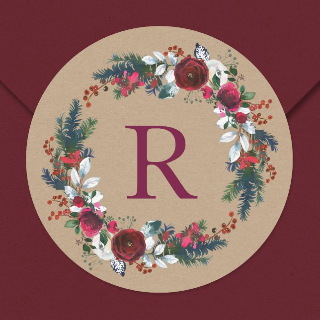 Sticker Rond Monogramme de couronne de Noël Floral (Créateur téléchargé)