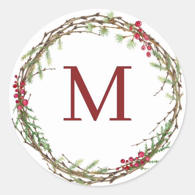 Sticker Rond Monogramme de Couronne de Noël Rustique Blanc (Devant)