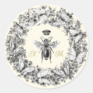 Sticker Rond Monogramme de couronne de papillon de la reine Vin