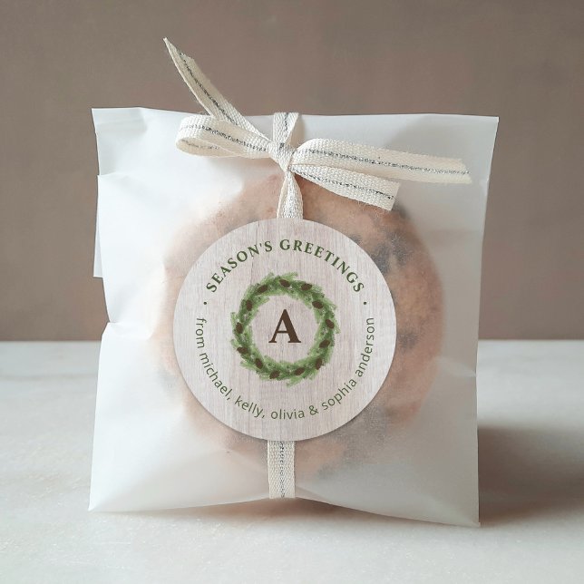 Sticker Rond Monogramme de couronne de pin Joyeux Noël (Créateur téléchargé)