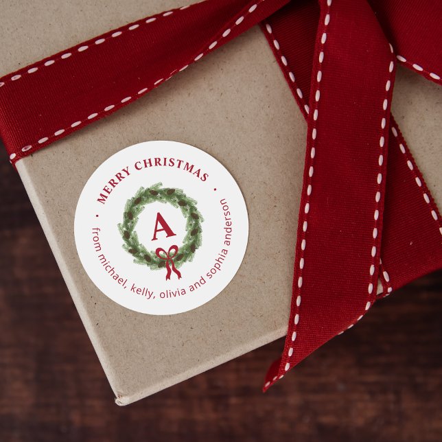 Sticker Rond Monogramme de couronne de pin Joyeux Noël (Créateur téléchargé)