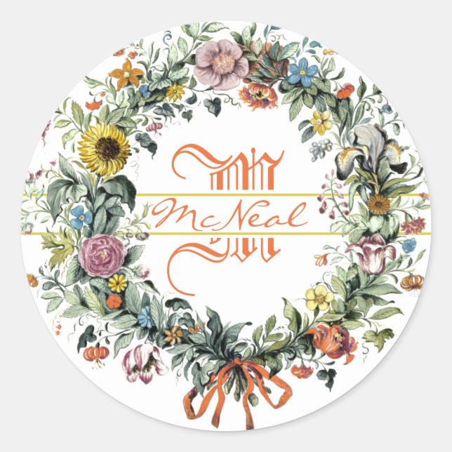 Sticker Rond Monogramme de couronne florale (Devant)