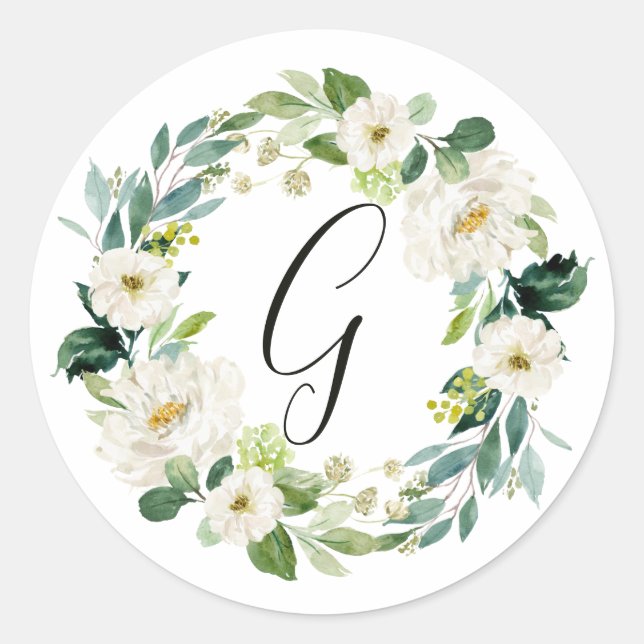 Sticker Rond Monogramme de couronne florale blanche (Devant)