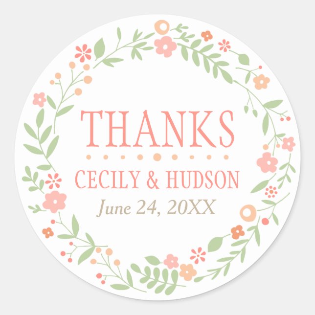 Sticker Rond Monogramme de couronne florale de corail charmant (Devant)