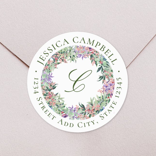 Sticker Rond Monogramme de couronne florale luxuriante Adresse  (Créateur téléchargé)