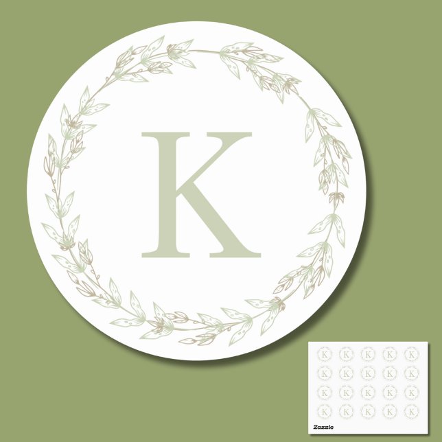 Sticker Rond Monogramme de couronne verte à tige mince (Créateur téléchargé)