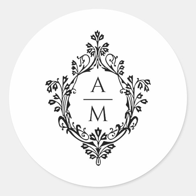 Sticker Rond Monogramme de crête Elegant Mariage noir et blanc (Devant)