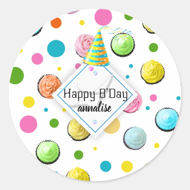 Sticker Rond Monogramme de cupcakes et points d'anniversaire (Devant)