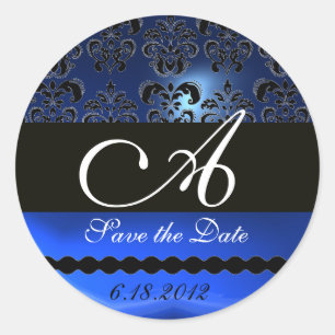 STICKER ROND MONOGRAMME DE DAMASK EN SAPHIRE NOIR ET BLEU,