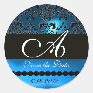 STICKER ROND MONOGRAMME DE DAMASK EN SAPHIRE NOIR ET BLEU,