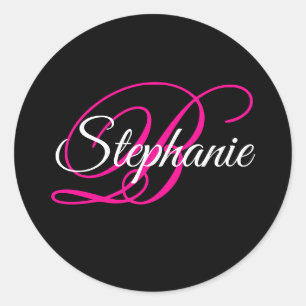 Sticker Rond Monogramme de fantaisie en noir blanc et rose vif