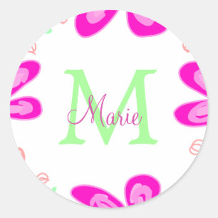 Sticker Rond monogramme de fleur rose ajouter nom lettre feuill