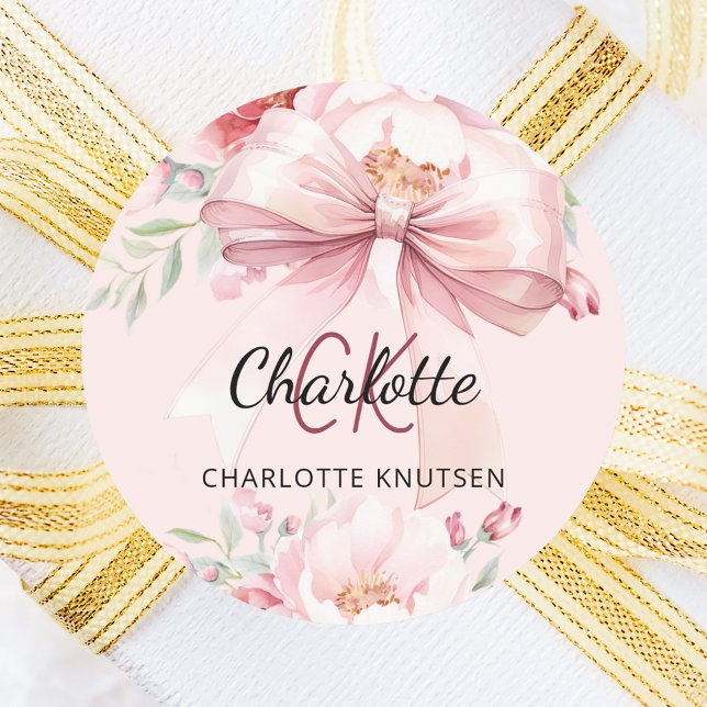 Sticker Rond Monogramme de fleurs avec un nœud rose pâle (Créateur téléchargé)