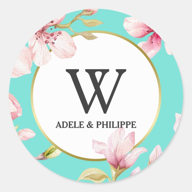Sticker Rond Monogramme de fleurs de cerisier d'aquarelle (Devant)