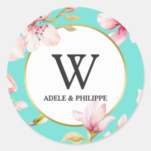 Sticker Rond Monogramme de fleurs de cerisier d'aquarelle