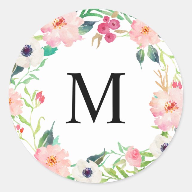 Sticker Rond Monogramme de fleurs printanières (Devant)
