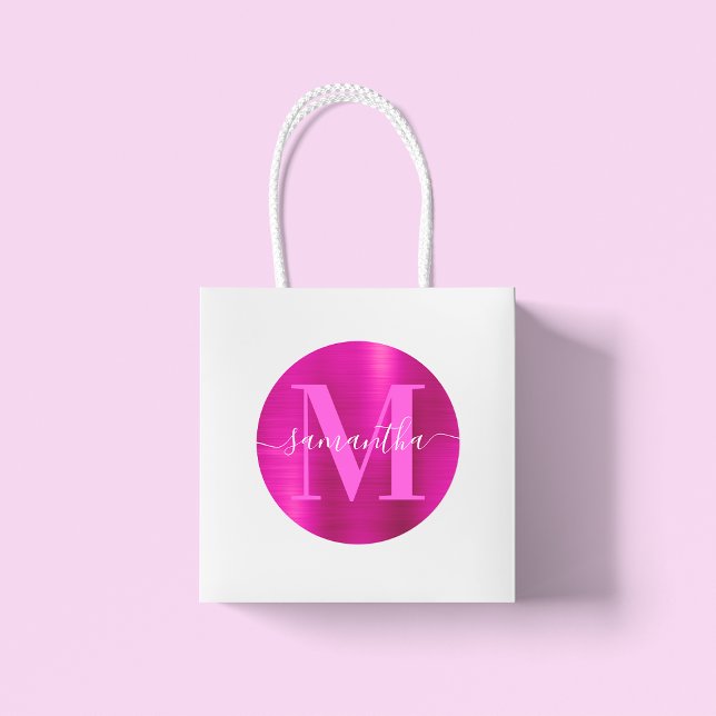 Sticker Rond Monogramme de foil rose vif (Large Round Favor Stickers)