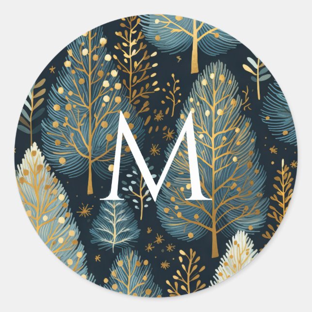 Sticker Rond Monogramme de forêt de vacances en or moderne Noël (Devant)