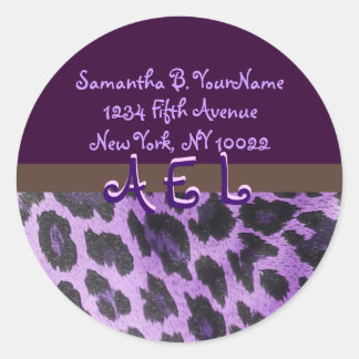 Sticker Rond Monogramme de fourrure de léopard pourpre Étiquett