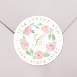 Sticker Rond Monogramme de germe rose Adresse de retour<br><div class="desc">Des étiquettes de adresse ronds personnalisés avec une aquarelle rose pastel et un design de couronnes florales.</div>