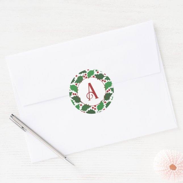 Sticker Rond Monogramme de Jolly Holly Rouge et Vert (Enveloppe)