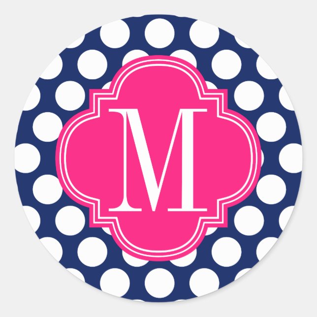Sticker Rond Monogramme de la Girly Navy & Pink Big Dots (Devant)