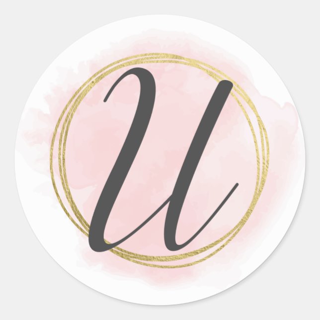 Sticker Rond Monogramme de la lettre U en rose blush aquarelle  (Devant)