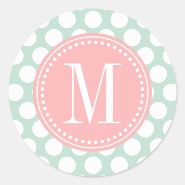 Sticker Rond Monogramme de la menthe chic et des grands points  (Devant)