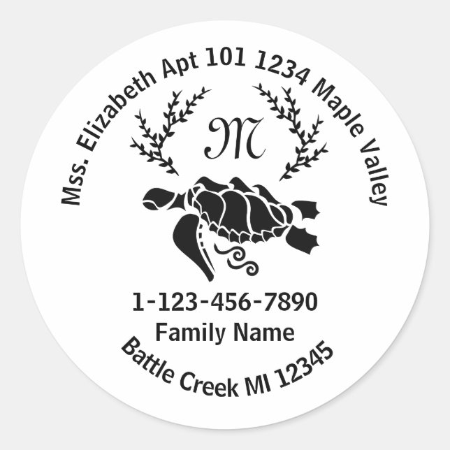 Sticker Rond Monogramme de la tortue de mer Adresse familiale (Devant)