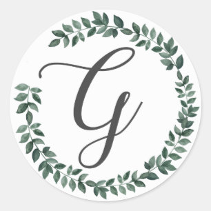Sticker Rond Monogramme de lettre G Couronne de feuilles botani