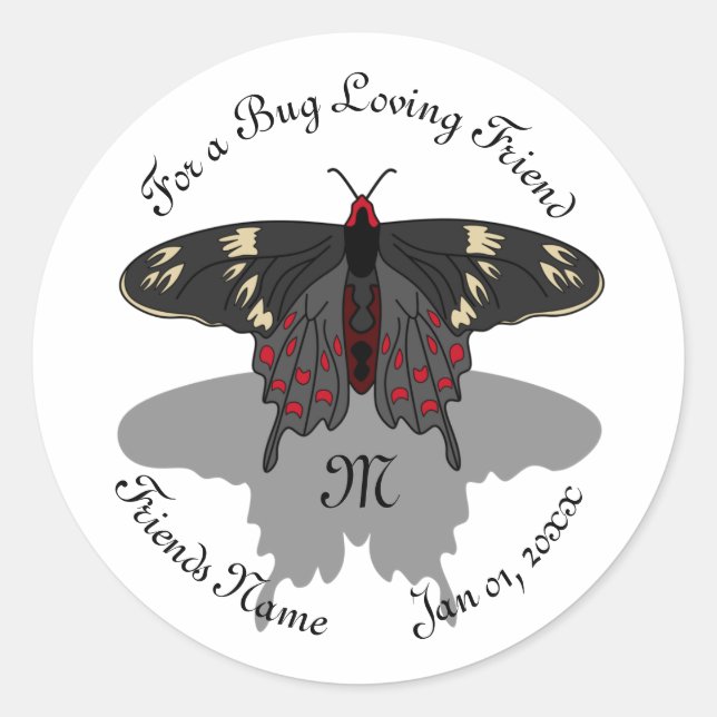 Sticker Rond Monogramme de l'ombre du papillon Rose Crimson (Devant)