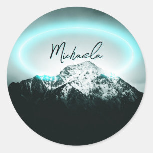 Sticker Rond Monogramme de lumière de néon bleu mystérieux de m