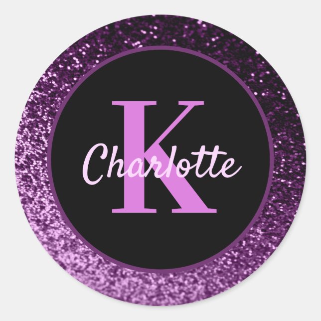 Sticker Rond Monogramme de luxe avec paillettes rose violet pou (Devant)