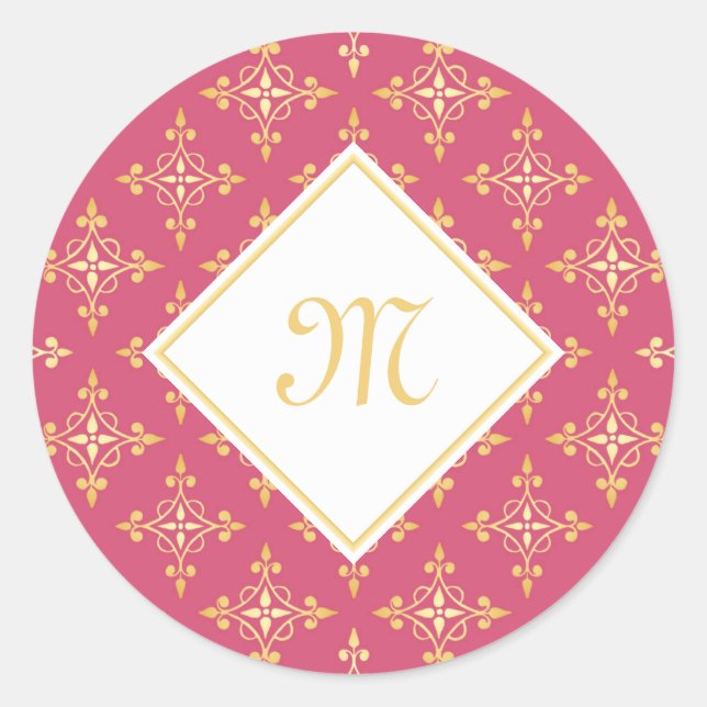 Sticker Rond Monogramme de luxe rose et or Quatre Floral (Devant)