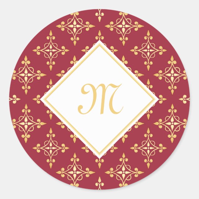 Sticker Rond Monogramme de luxe Rouge et Or Quatre Floral (Devant)