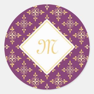 Sticker Rond Monogramme de luxe violet et or Quatre Floral